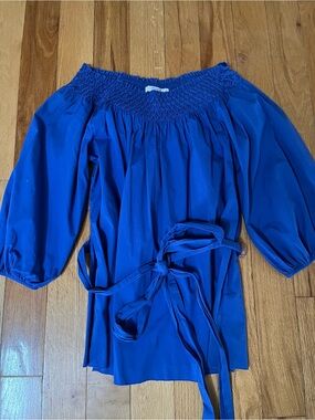 Liz Claiborne Off-Shoulder Smocked Waist Tie Blouse - Blue